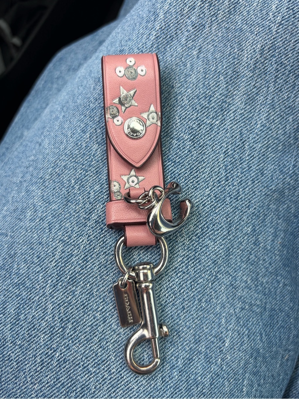 Coach Pink Star-Embellished Leather Key and Card Holder with Silver Hardware